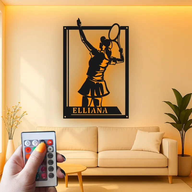 Custom Female Tennis Player Led Light Metal Wall Art Personalized Gift for Tennis Enthusiasts Game Room Decor