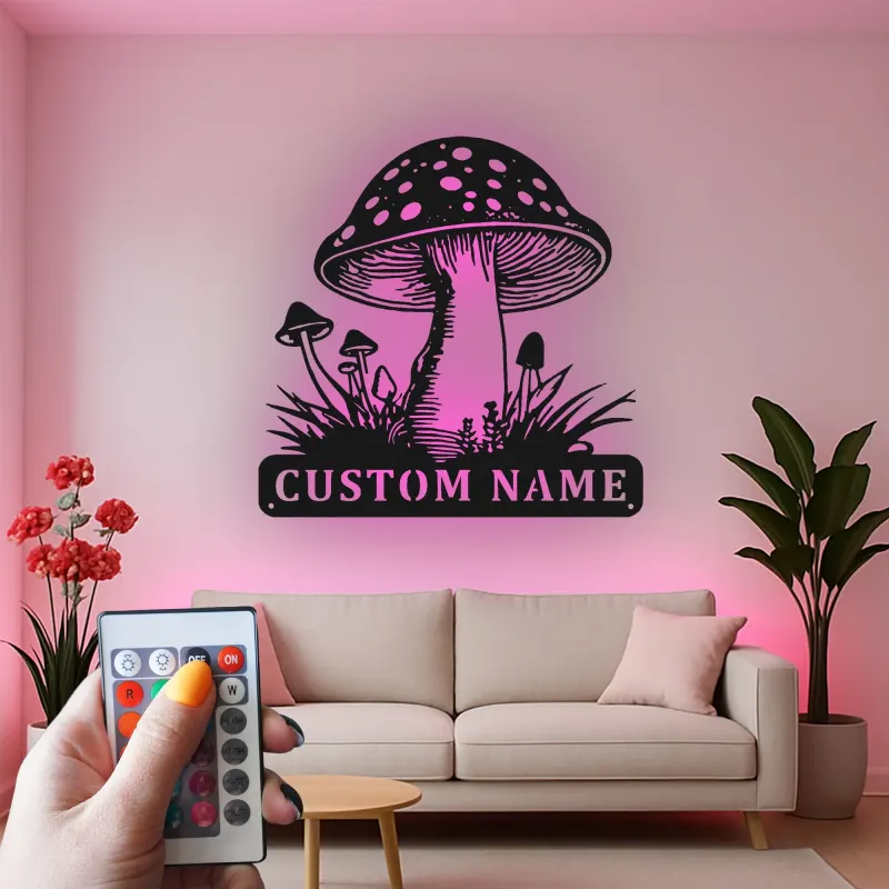 Personalisierte Pilz-Metallschild | LED Fungi Wandkunst | Vintage Wald Dekor für Naturliebhaber | Geschenk für Büro & Zuhause
