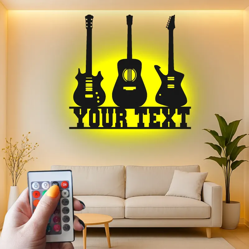 Insegna LED personalizzata a forma di chitarra | Decorazione murale in metallo personalizzata per sala musica | Regalo per musicisti | Arredo da parete per chitarristi