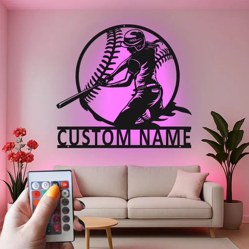 Décoration murale en métal personnalisée pour joueur de softball avec rétroéclairage LED - Cadeau pour passionnés de softball