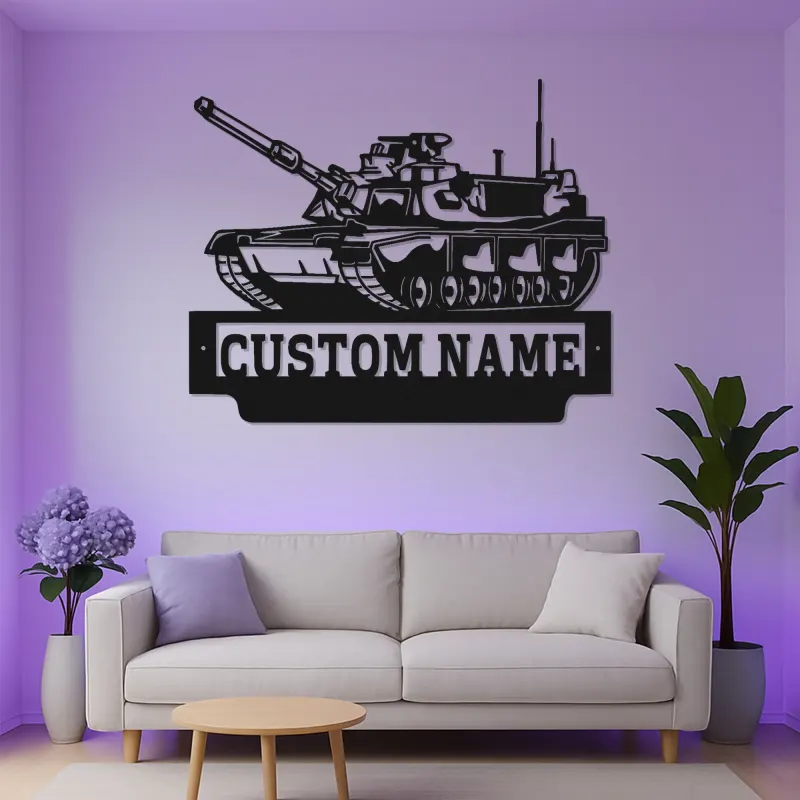Arte in Metallo Tank Militare | Insegna LED Personalizzata con Nome per Soldato | Decorazione per Man Cave e Garage