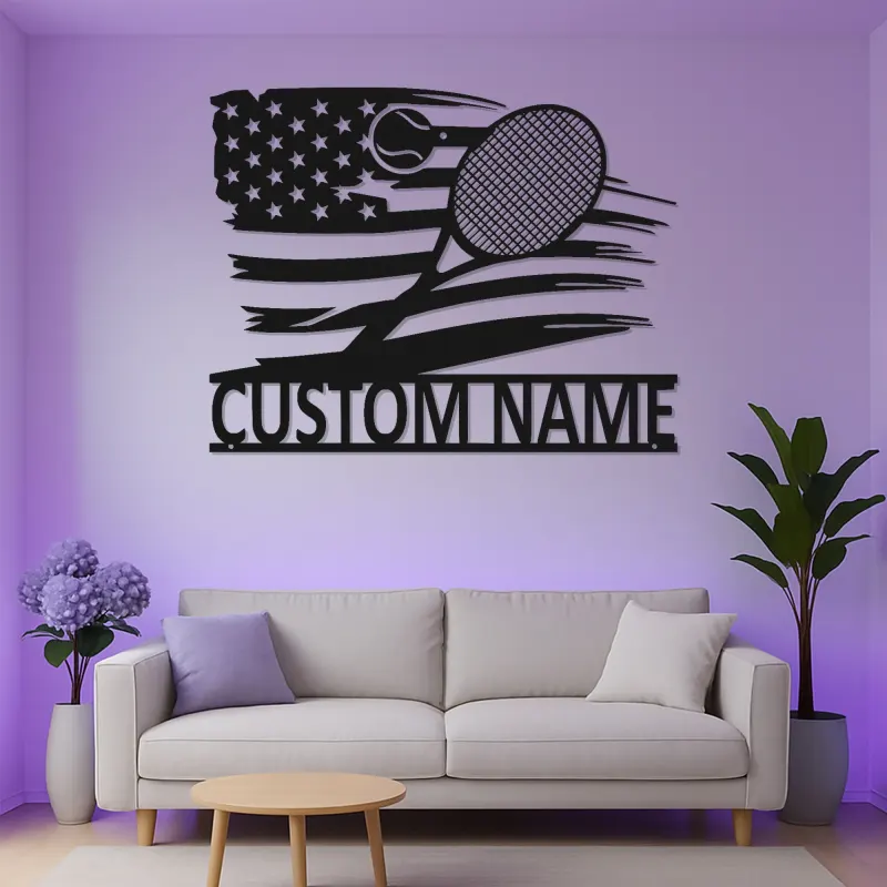 Cartel de nombre de tenis personalizado | Arte mural de metal con bandera americana y LED | Regalo personalizado para jugador de tenis | Decoración deportiva patriótica