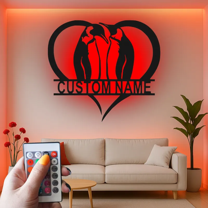 Arte Murale in Metallo Personalizzata con Pinguino e LED | Regalo di Anniversario per Coppia | Insegna Silhouette a Cuore per Amanti dei Pinguini