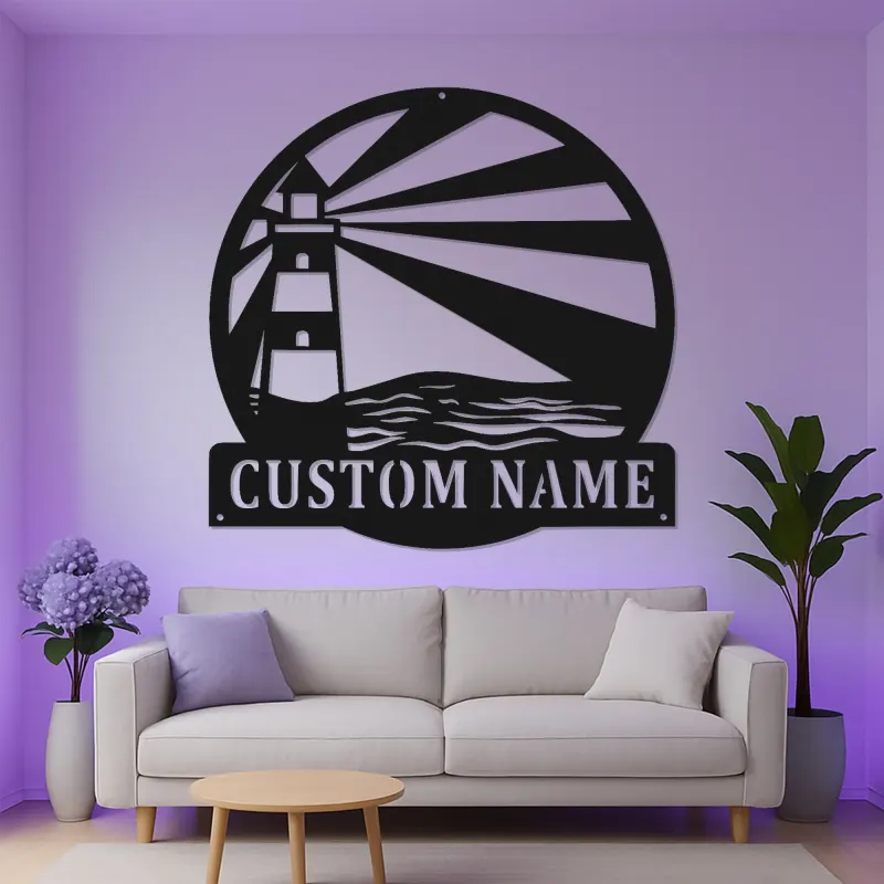 Personalized Lighthouse Metal Wall Art | Custom Name Sign with LED Light | Modern Coastal Decor for Beach House
