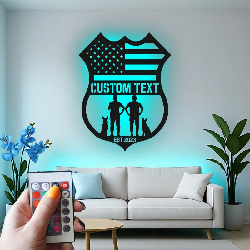 Police Officer & K9 Unit LED Sign | Personalized Law Enforcement Metal Art | Custom American Flag Shield | Police Officer Gift