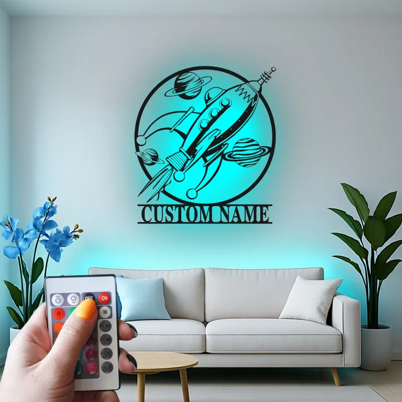 Personalisierte Rakete LED-Licht | LED-Metallwandkunst für Kinderzimmer | Vintage Weltraum Dekor für das Kinderzimmer