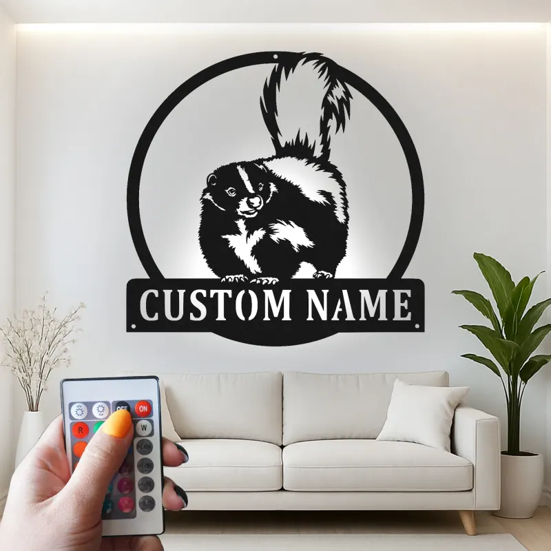 Custom Skunk Metal Wall Art | Personalized LED Name Sign for Cabin & Lodge | Realistic Wildlife Silhouette Decor