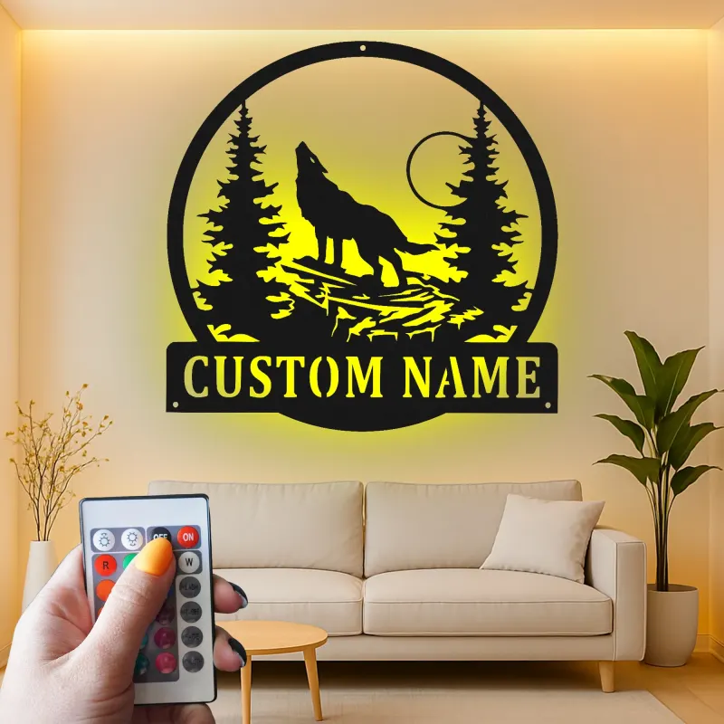 Custom Wolf Howling Led Light Metal Wall Art Personalized Nature Lover Gift Rustic Cabin Decor 2