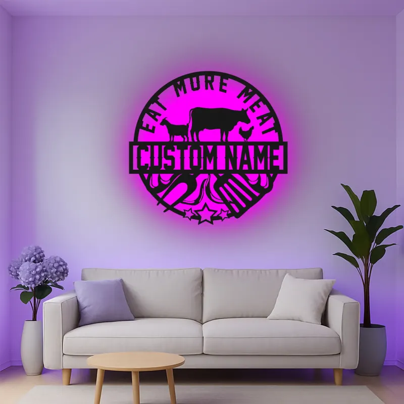 Custom Eat More Meat Led Light Metal Wall Art BBQ Lover Gift Outdoor Kitchen or Grill Area Decor