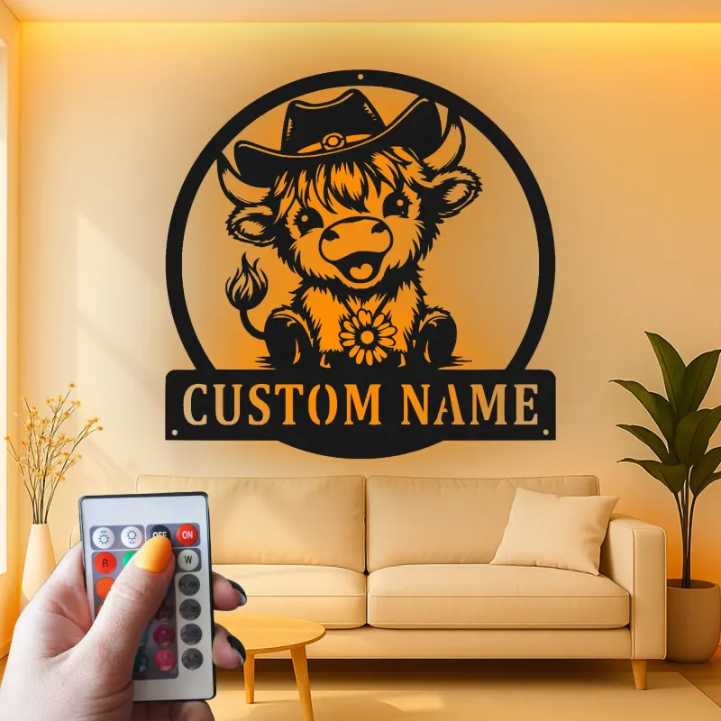 Custom Highland Cow LED Sign | Personalized Metal Wall Art | Western Nursery Decor | Farmhouse Ranch Gift for Her