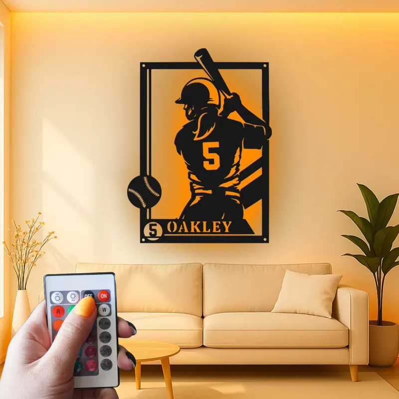 Décoration murale en métal personnalisée joueur de baseball avec rétroéclairage LED