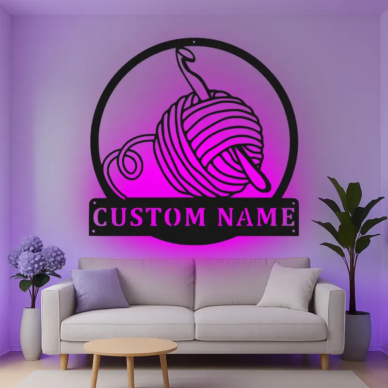 Custom Yarn and Crochet Hook Led Light Metal Wall Art Knitting Gift for Crafters Craft Room Decor