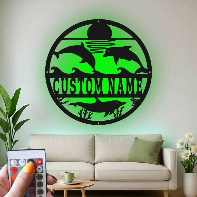 Personalisierte LED-Metall-Wandkunst mit Delfin-Ozeanszene – Geschenk für Strandhaus und Küsten-Wohnzimmer