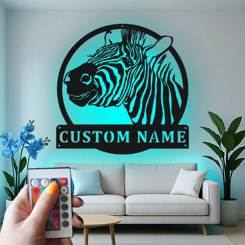 Cartel de metal LED personalizado de cebra, regalo de safari, decoración para salón para amantes de los animales