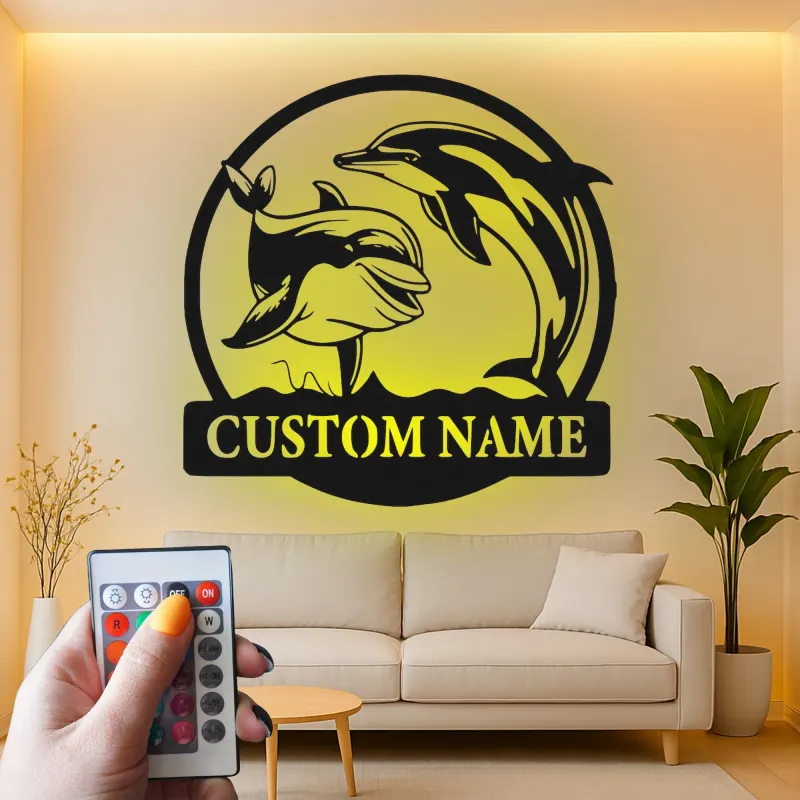 Insegna in metallo personalizzata con delfini retroilluminata, regalo per amanti dell'oceano, decorazione nautica per casa al mare