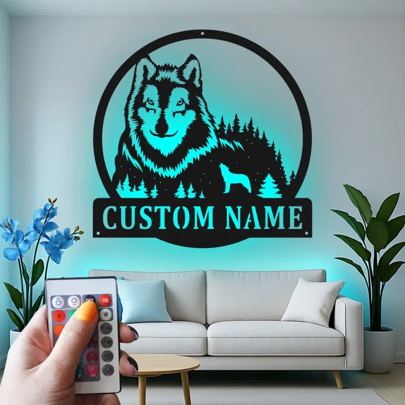 Cartel de metal personalizado con luz LED de bosque de lobos Regalo personalizado para amantes de la naturaleza Decoración rústica de cabaña