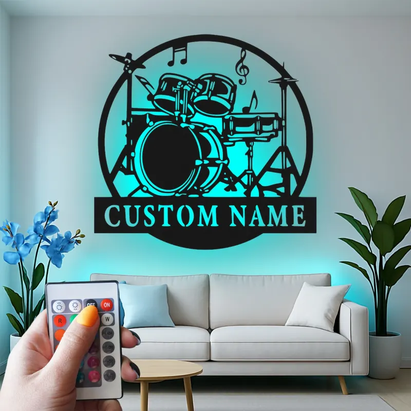 Décoration murale en métal LED personnalisée pour batteur - Cadeau musicien - Décor de salle de musique