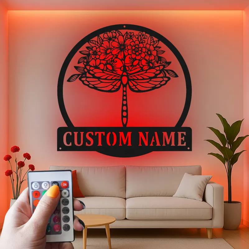 Décoration murale en métal personnalisée Libellule avec Design Floral et Rétroéclairage LED Cadeau pour Amoureux de la Nature Décor de Jardin