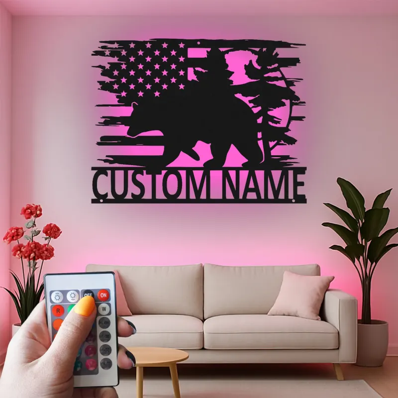 Custom Bear and American Flag Led Light Metal Wall Art Personalized Gift for Nature Lovers Rustic Cabin Decor