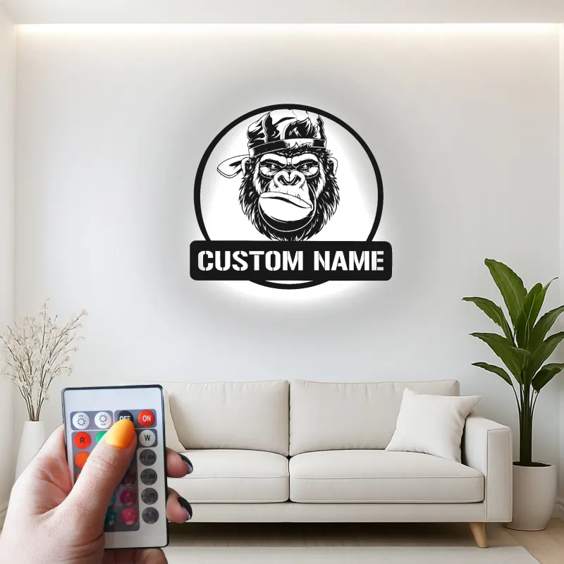 Decoración mural de metal LED con gorila | Cartel personalizado con nombre para sala de hombres | Decoración selvática y de fauna a medida para él