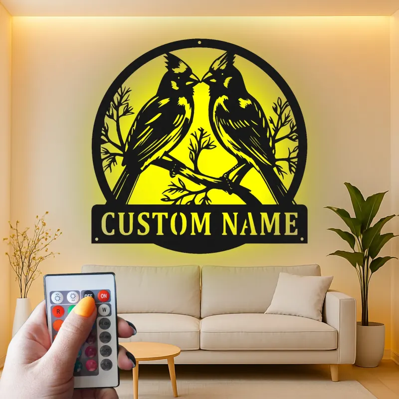 Personalisierte Kardinal-Paar LED-Metall-Wandkunst – Geschenk für Vogelliebhaber, für Schlafzimmer oder Wohnzimmer