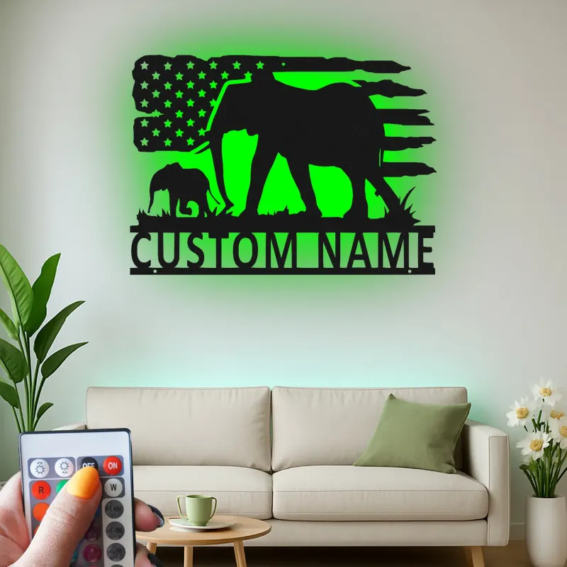 Décoration murale en métal personnalisée Elephant Family avec rétroéclairage, cadeau personnalisé pour les amoureux de la faune
