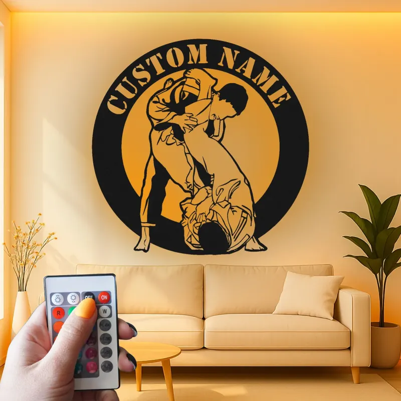 Décoration murale en métal personnalisée avec éclairage LED Jiu Jitsu Grapplers - Cadeau pour passionnés d'arts martiaux - Décor pour gym ou dojo