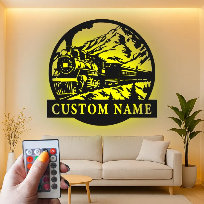 Décoration murale en métal personnalisée de train à vapeur avec rétroéclairage LED - Cadeau pour passionnés de trains, décoration pour salon ou bureau