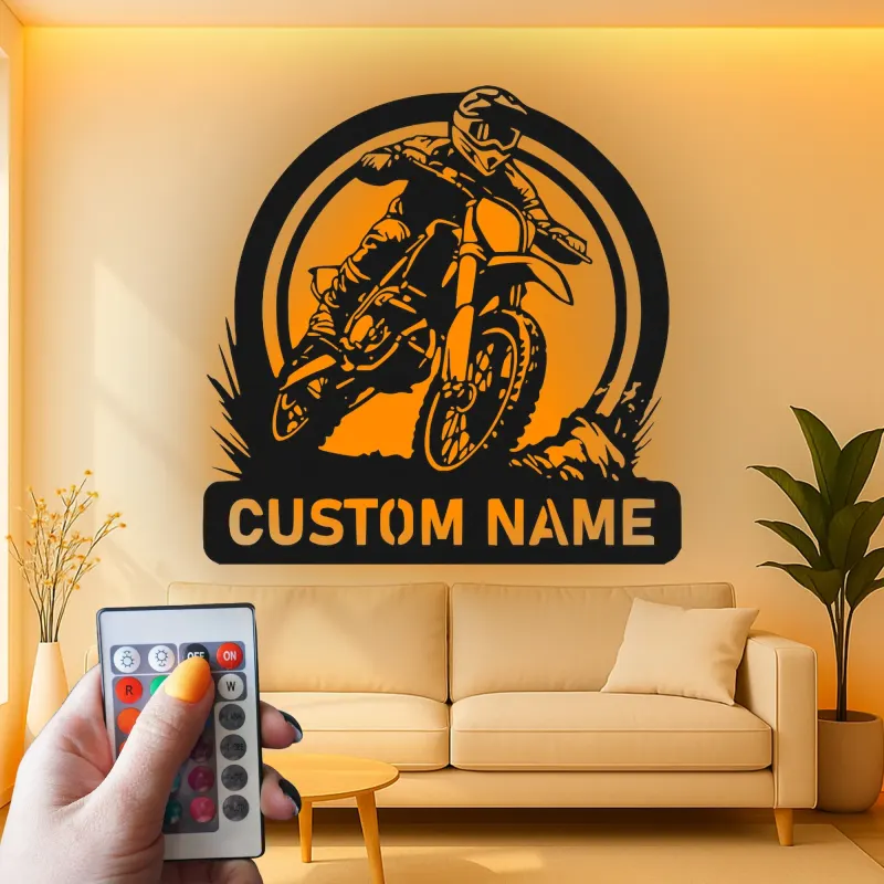 Personalisierte Metall-Wandkunst mit LED-Beleuchtung für Motocross-Fahrer – Geschenk für Dirtbike-Enthusiasten, Garage oder Spielzimmer Dekor