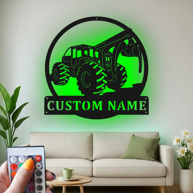 Cartel de metal personalizado para skidder | Arte mural de metal LED para cabaña | Regalo personalizado para leñadores y decoración forestal