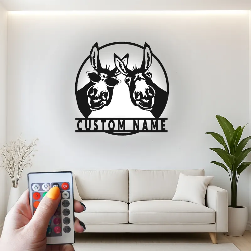 Insegna in metallo LED Donkey Duo personalizzata regalo rustico per la casa