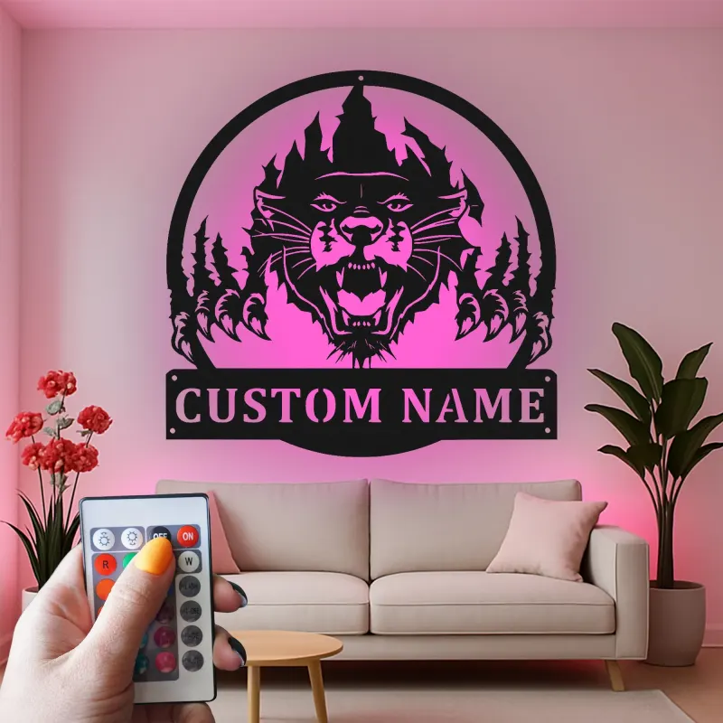 Insegna in metallo LED personalizzata con pantera, regalo per amanti della fauna selvatica, decorazione rustica per cabin