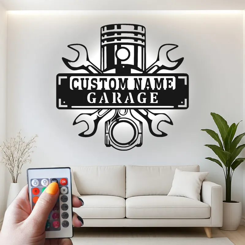 Insegna LED personalizzata per garage | Arte murale in metallo personalizzata | Decorazione officina meccanica e regalo per papà