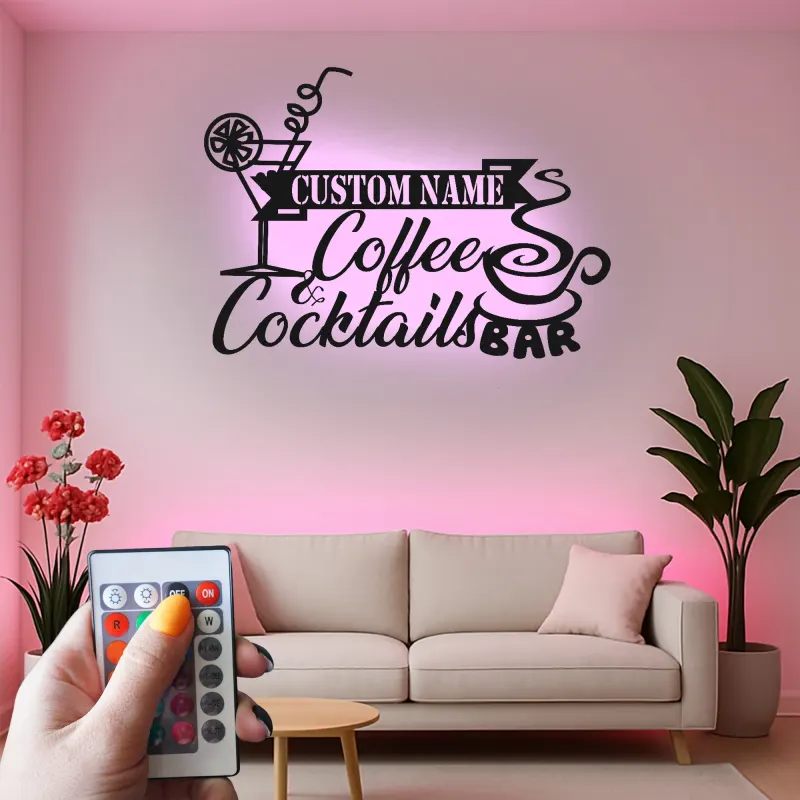 Décoration murale en métal LED personnalisée Café & Cocktails - Cadeau pour bar à domicile, cuisine ou salon