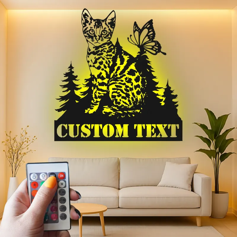 Cartel de metal personalizado con gato y mariposa y luz LED, regalo para amantes de mascotas, decoración para dormitorio o salón