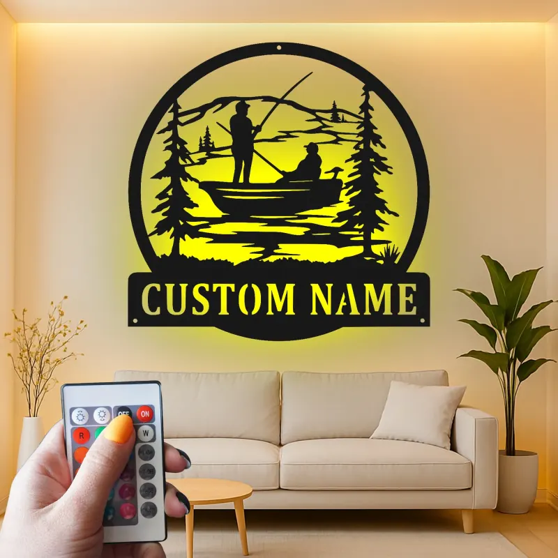 Custom Fishing Metal Wall Art with LED | Personalized Fisherman Name Sign for Lake House & Cabin Decor | Gift for Outdoorsman