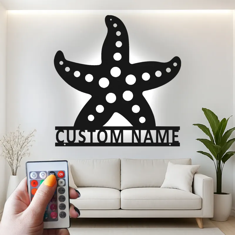 Enseigne étoile de mer personnalisée | Art mural en métal LED pour décor côtier | Plaque de nom de maison de plage personnalisée | Cadeau à thème nautique