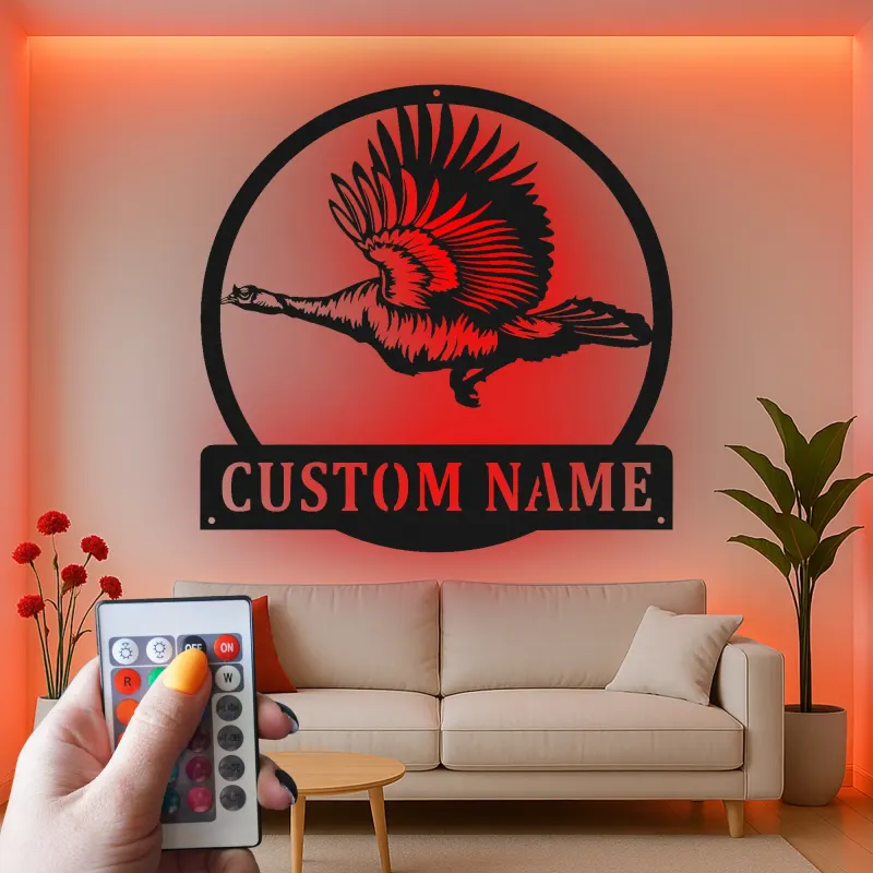 Insegna personalizzata con oca selvatica | Decorazione murale in metallo LED | Decorazione personalizzata per la caccia agli uccelli, regalo per baita e lodge