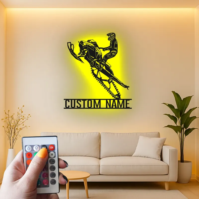 Panneau LED de Motoneige Personnalisé | Art Murale en Métal Personnalisé pour Motard | Décoration de Garage de Sports Extrêmes | Cadeau d'Aventure d'Hiver