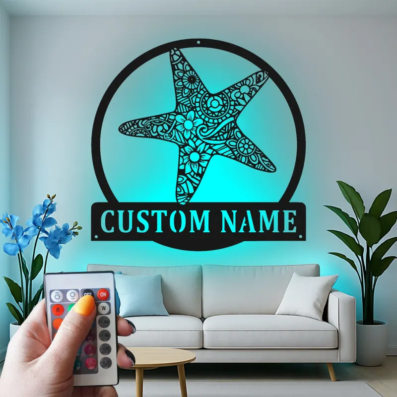 Personalized Starfish LED Sign | Custom Metal Wall Art | Coastal Beach House Decor & Nautical Business Logo