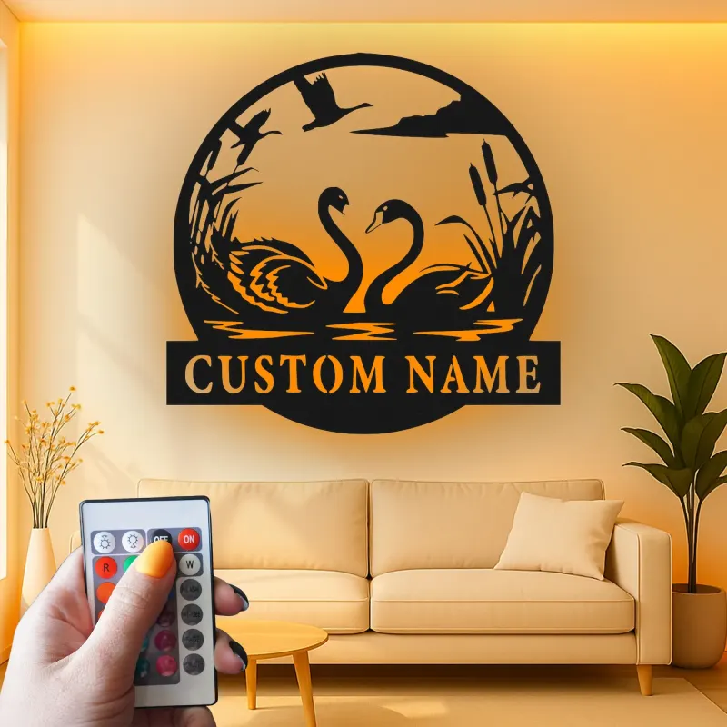 Insegna in metallo personalizzata con cigni | Arte murale retroilluminata a LED | Regalo romantico per matrimoni e anniversari