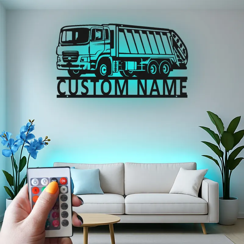 Insegna LED personalizzata con camion della spazzatura | Arte murale in metallo su misura | Arredo per gestione rifiuti | Regalo per operatore ecologico