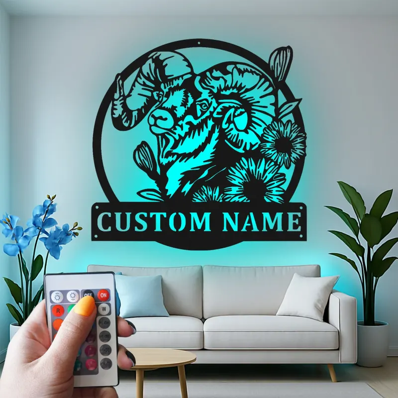 Insegna in metallo personalizzata Pecora Bighorn | Arte murale fauna selvatica con luce LED | Decorazione per chalet rustico e insegna personalizzata per lodge