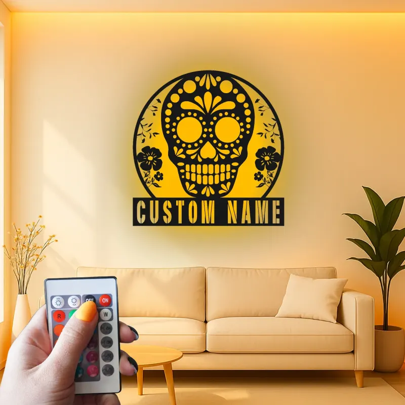 Personalized Sugar Skull Metal Sign | Custom Calavera LED Wall Art | Day of the Dead Decor | Gothic Floral Home Gift