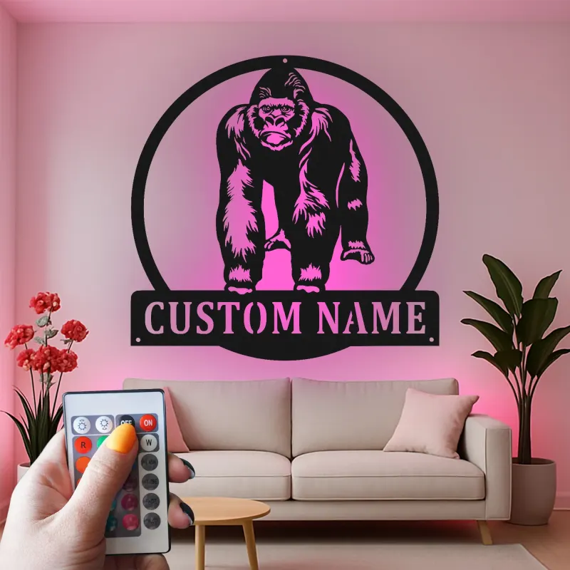 Personalisiertes Gorilla-Metallschild | Individuelles LED-Namensschild | Dschungel-Tierdekoration für Büro & Wohnakzent