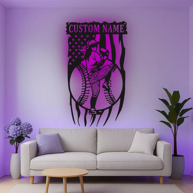 Décoration murale en métal personnalisée avec rétroéclairage LED pour lanceur de baseball - Cadeau sportif pour les fans de baseball