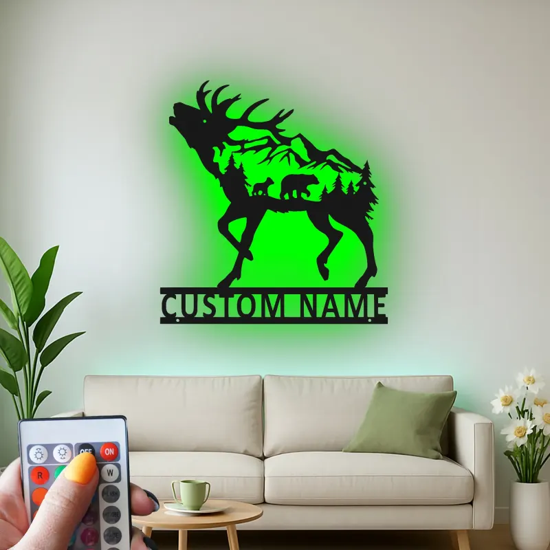 Décoration murale en métal personnalisée avec élans et ours en forêt avec rétroéclairage LED - Cadeau faunique pour les amoureux de la nature