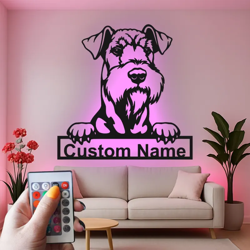 Personalisierte Schnauzer LED-Leuchte | Individuelle Metall-Wandkunst | Realistisches Haustierporträt-Dekor | Hinterleuchtetes Geschenk für Hundeliebhaber