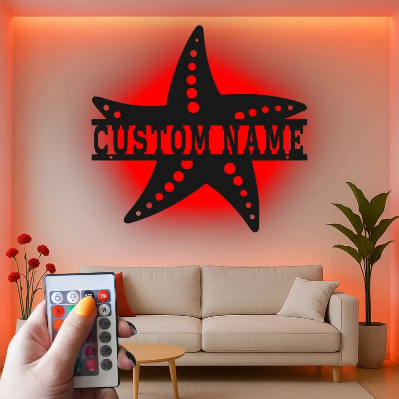 Letrero LED personalizado con estrella de mar | Arte mural de metal | Decoración náutica para casa de playa | Idea de regalo para negocio y hogar costero