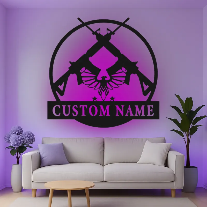 Insegna in metallo personalizzata con fucile e aquila e luce LED regalo per appassionati di armi decorazione per man cave o garage